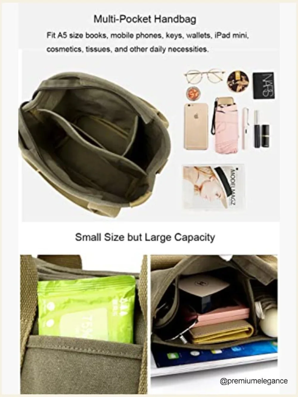 Canvas Satchel Hobo Tote Crossbody Bag 6 Pockets Zipper Travel Work